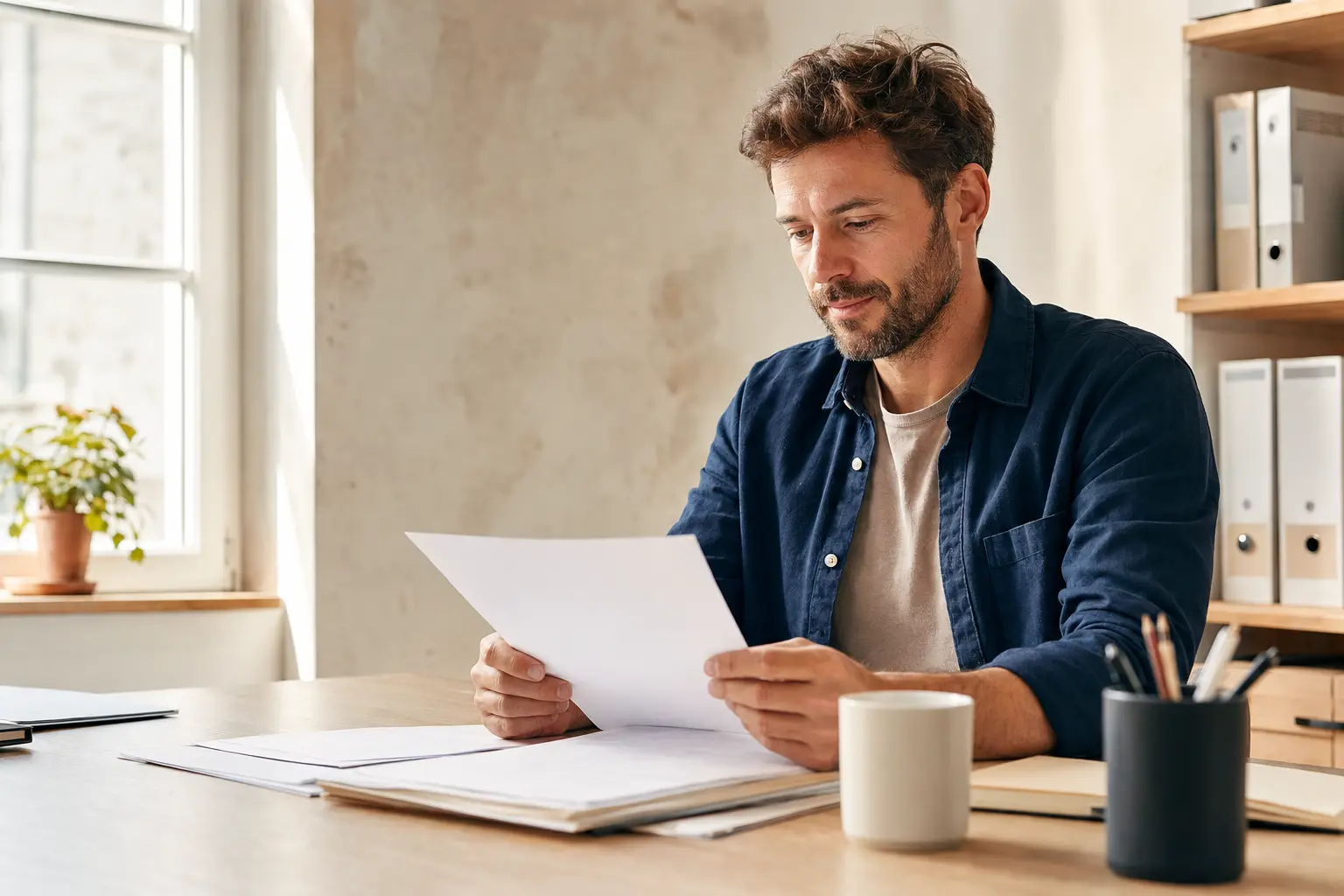 Un entrepreneur examine une facture dans son bureau